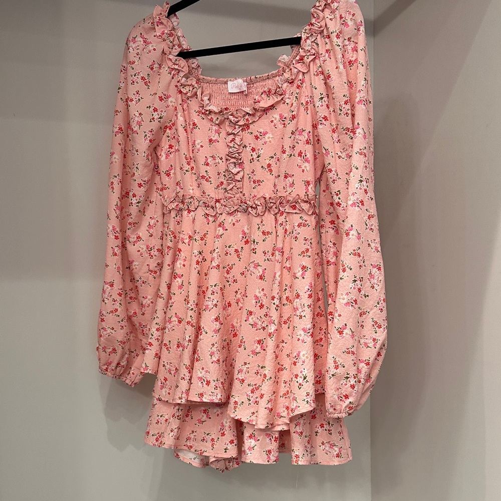 Pink Lily small Floral Ruffle Peplum romper. Like new